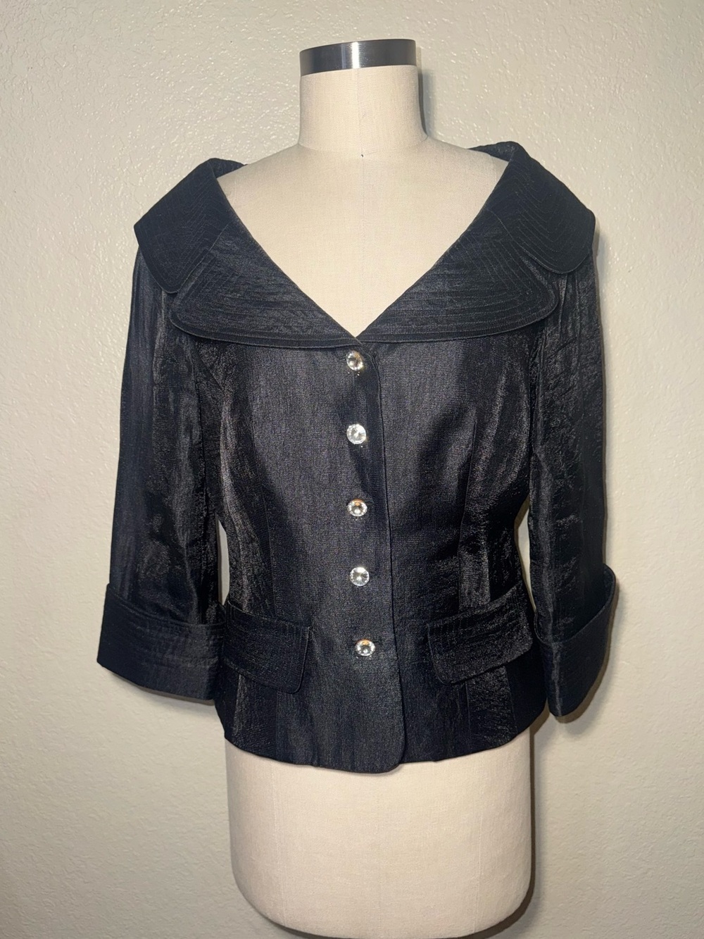 Victor Costa Black Evening Jacket Jeweled Buttons Shawl Collar Size 10